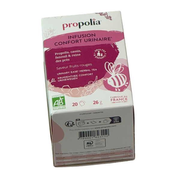 Infusion Confort urinaire BIO propolis, cassis, fenouil ert reine des prés Propolia, la boite de 20 sachets