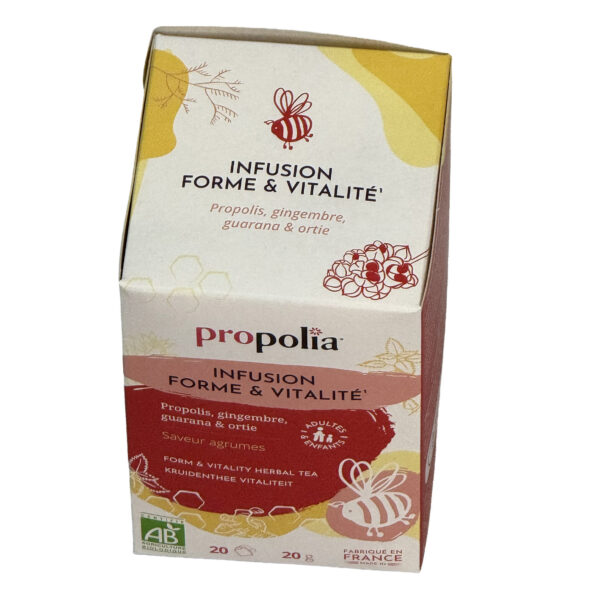 Infusion Tonus et Vitalité BIO propolis gingembre, guarana et ortie Propolia, la boite de 20 sachets