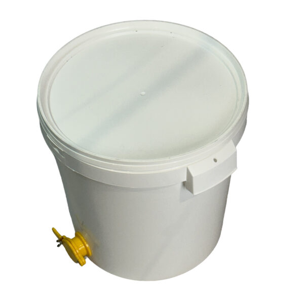 Maturateur plastique alimentaire 40kg (30L) robinet jaune avec couvercle et poignées.